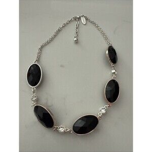 Vintage Signed George Black Faceted & Rhinestone Necklace Choker 18"